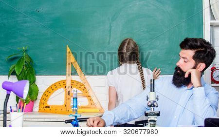 Enjoy Study. Math Geometry. Biology Chemistry Lesson. Father And Daughter Study In Classroom. Protra