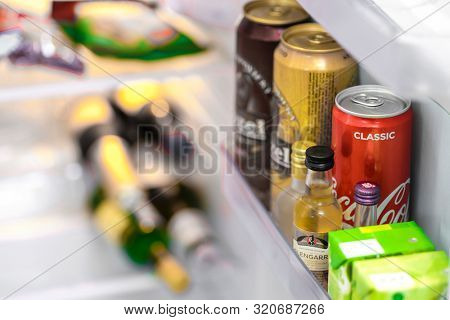 Mosocw region, Russia - August, 23, 2019: beer bottles in the fridge in a hotel room in Moscow region, Russia