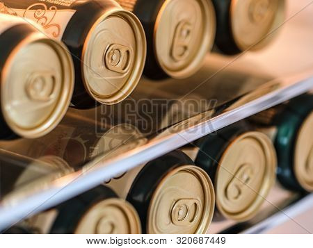 Mosocw region, Russia - August, 23, 2019: beer cans in the fridge in a hotel room in Moscow region, Russia