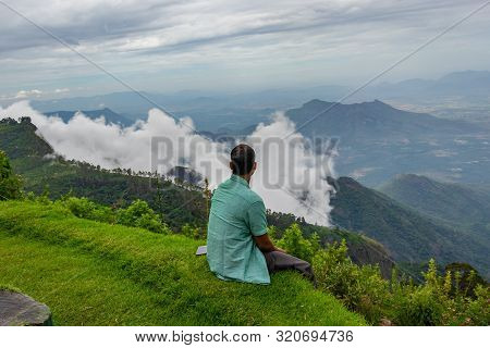 Man Isolated Soaking Natural Beauty From Hill Top Image Is Showing The Human Love Towards The Nature