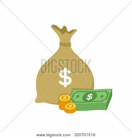 Dollar Vector Sign, Money Bag Dollar, Paper And Coin Dollar Bill Symbol