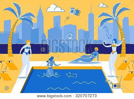 Group Girl Resting Near Pool On Background City. Young Woman In Swimsuit On Hot Summer Day Resting I