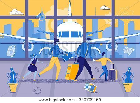 Young Family Is In Hurry For Flight At Airport. Man Is Holding His Son By Hand Walking Lobby Interna
