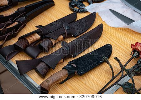 Ryazan, Russia - July 27, 2019: Knives In A Leather Case On A Blacksmith Festival