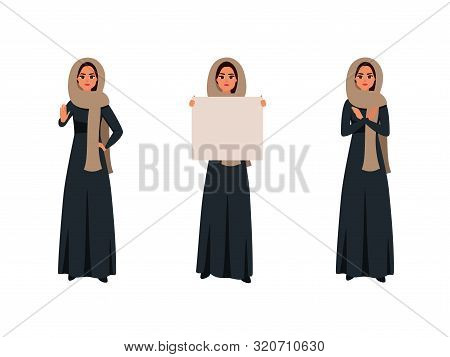 Arab Women Making Boycott Gestures. Saudi Girl In Black Abaya Holding A Blank Signboard. Flat Cartoo