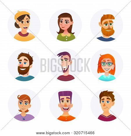 Set Collection Portraits Smiling People Cartoon. Beautiful Young People For Logo. Faces Men And Wome