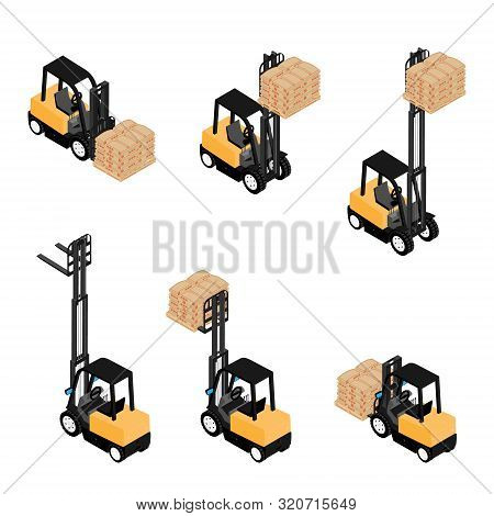 Forklifts, Reliable Heavy Loader, Truck Transporting Cargo Cement Bags On Wooden Pallet