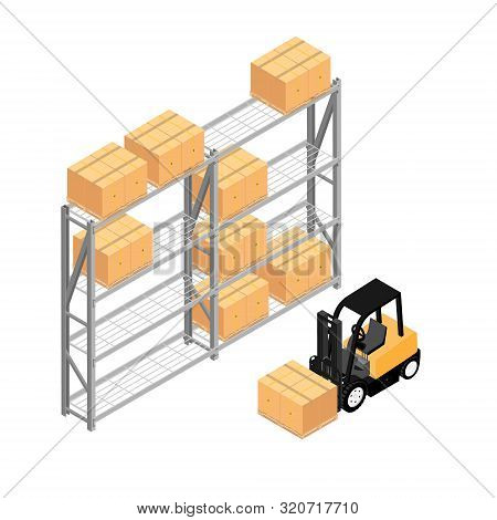 Warehouse Interior With Shelves, Pallets, Forklift And Boxes. Logistic Delivery Service Concept