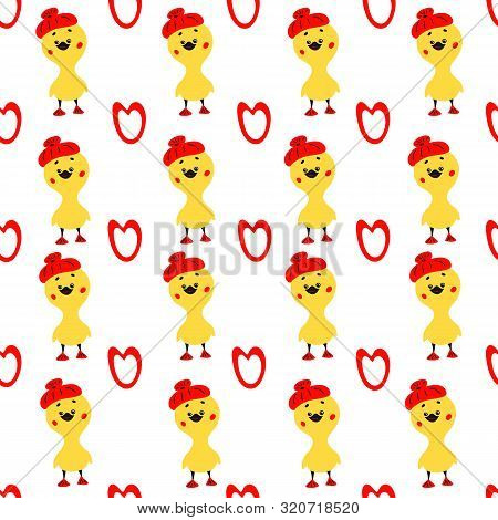 Cute Seamless Pattern With Yellow Rubber Duck And Heart On White Background. Duck Toy Baby Shower Il