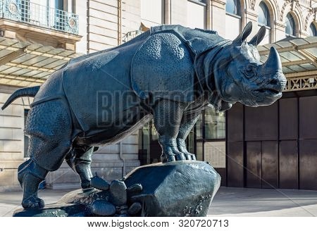 Paris, France - September 02 2019: Rhinoceros Statue In Front Of Museum Dorsay - By Henri-alfred Jac