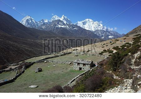 One old stone house in Chuto on the Everest trek in Himalayas mountains, Near Pheriche pass. Sagarmatha national park, Solukhumbu, Nepal
