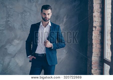 Portrait Of Minded Entrepreneur Looking Touching His Modern Jacket Blazer Wearing Pants Trousers Shi