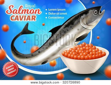 Salmon Caviar Banner. Fresh Fish And Plate Full Of Red Roe Close Up View. Advertising Flyer, Promo B
