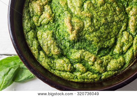 Spinach Souffle Baked - Overhead Photo Of Fluffy Green Out Of Oven Spinach Soufflé Close Up