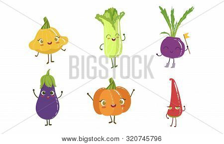 Cute Happy Vegetable Characters Set, Squash, Chinese Cabbage, Beet, Eggplant, Onion, Hot Pepper Vect