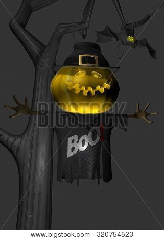3d Toon Spooky Halloween Pumpkin In Hat