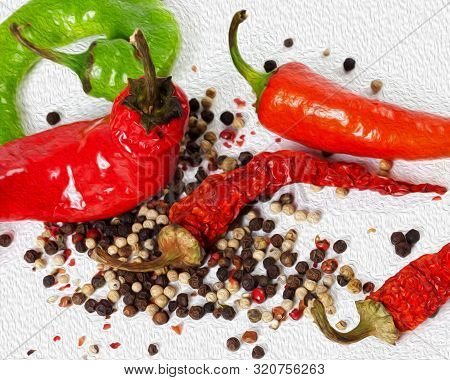 Mix Of Hot Peppers On White Background. Oil Paint Effect Filter.