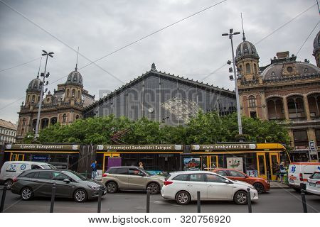 Budapest, 05.2019: Traffic Jam From Cars And A Tram Near The Nyugati Station In Budapest