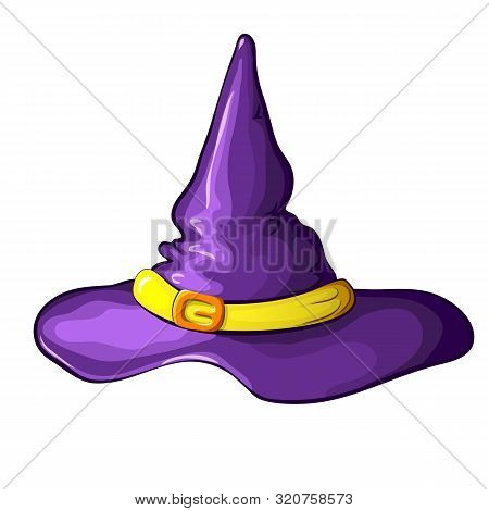 Vector Illustration Of Purple Cartoon Halloween Witch Hat With Buckle Isolated On White Background. 