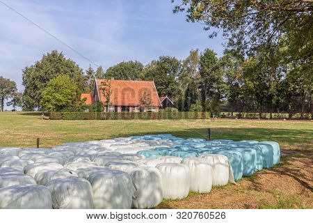 Dutch Countryside Region Twente With Hay Bales In Plastic Wrap Cover