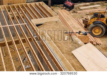 Construction Showing Massive Solid Wood Joists Construction Forklift Stacker Loader