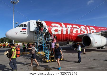 Puerto Princesa, Philippines - November 28, 2017: Air Asia Airbus A320 At Puerto Princesa Airport, P