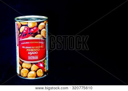 Torrevieja, Spain - Sept 06 2019 : Tin Of Olives Isolated On Black, With Copy Space.