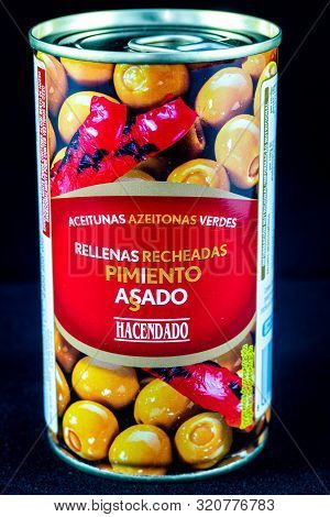 Torrevieja, Spain - Sept 06 2019 : Tin Of Olives Isolated On Black.