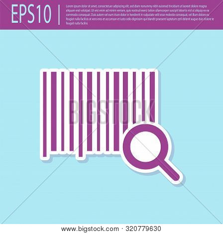 Retro Purple Search Barcode Icon Isolated On Turquoise Background. Magnifying Glass Searching Barcod