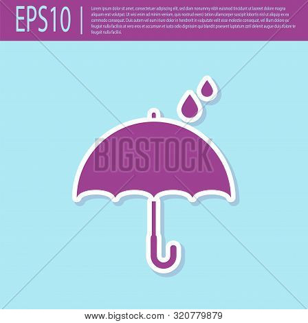 Retro Purple Umbrella And Rain Drops Icon Isolated On Turquoise Background. Waterproof Icon. Protect