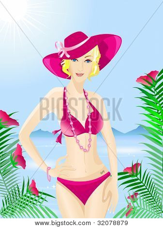 Hermosa modelo con fondo de sol brillante sombrero. EPS 10. Ilustración del vector.