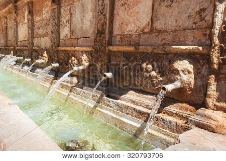 Twenty Pipes Fountain In Daroca Village Province Of Zaragoza, Spain .