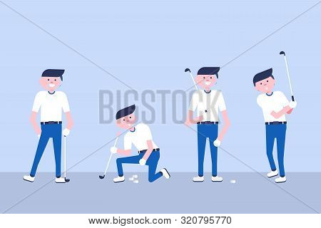 Set Of Golf Cartoon Players In Modern Flat Style. Golf Equipment Icon. Isolated Character Playing Go