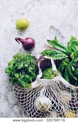 Zero Waste Cconcept. Package-free Food Shopping. Eco Friendly Natural Bag With Organic Fruits And Ve