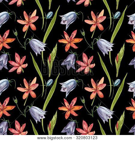 Kafir Lilies Flowers. Seamless Patterns. Collection Of Hand Drawn Flowers And Plants. Botany. Set. V