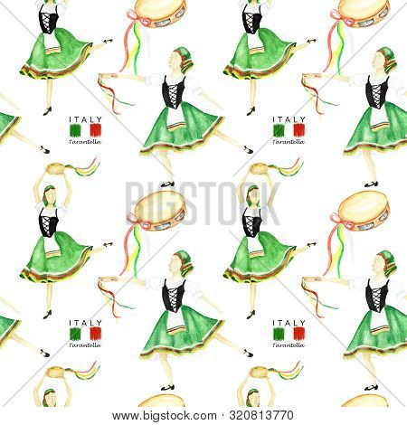 Seamless Pattern Dancers In National Costume An Italian Tarantella With A Tambourine On White Backgr