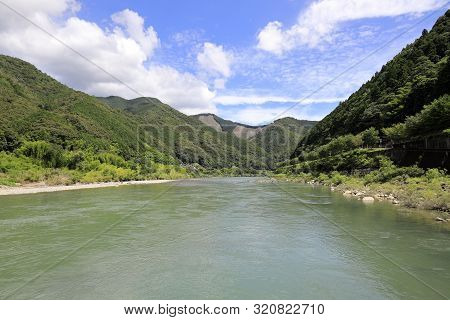 Shimanto River, View From Nagaoi Low Water Bridge In Kochi, Japan