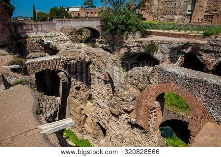 Rome, Italy - April, 2018: Tourists Visiting The Ruins Of The Palace Of Septimius Severus Or Domus S