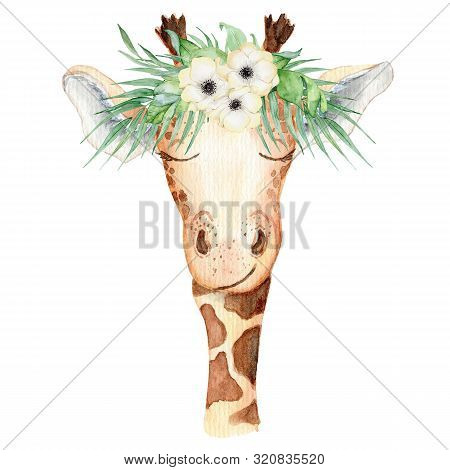 Cute Watercolor Geraffe With Tropical Flowers Card Hand Drawn Illustration