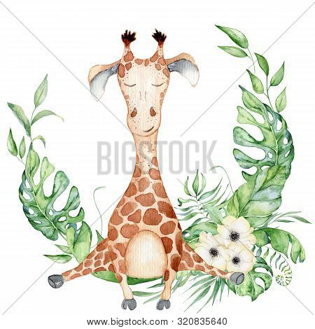 Cute Watercolor Geraffe With Tropical Flowers Card Hand Drawn Illustration