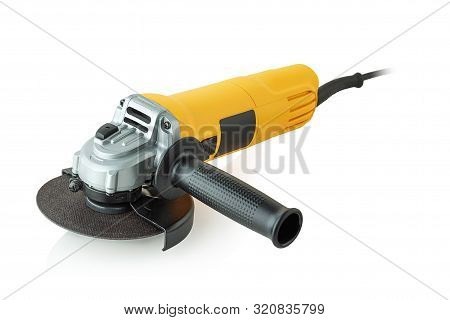 Modern Compact Angle Grinder, Yellow Machine On White Background