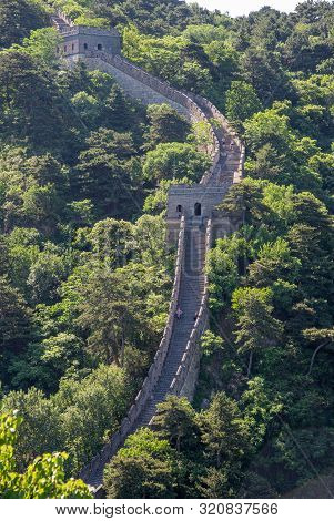 Mutianyu, Beijing, China -  June 7 2018: Tourist People Walking At The Famous Great Wall Of China, O