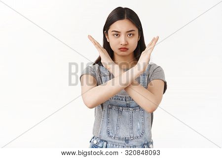 Waist-up Serious-looking Confident Determined Asian Brunette Woman Demanding Stop Show Cross Arms Fr