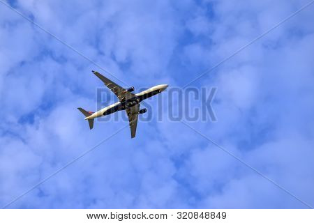 Tel-aviv, Israel, 20.02.2018. A Delta Airlines Passenger Jet Is Seen From Below As It Flies Over Tel