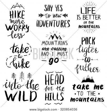 Set Of Quotes Related To Travel In Mountains, Camping And Hiking