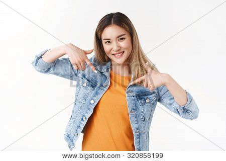 Silly Proud Good-looking Asian Blond Girlfriend Pointing Herself Telling Own Accomplishments Braggin
