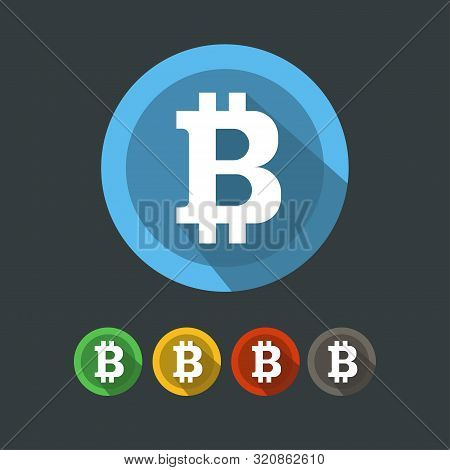 Bitcoin Round Icons Set. Vector Illustration. Blue, Yellow, Red, Brown Bitcoin.