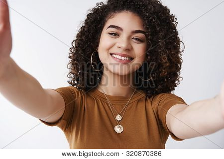 Close-up Friendly Cheerful Attractive Girlfriend Hold Camera Stretch Arms Taking Selfie Digital Tabl