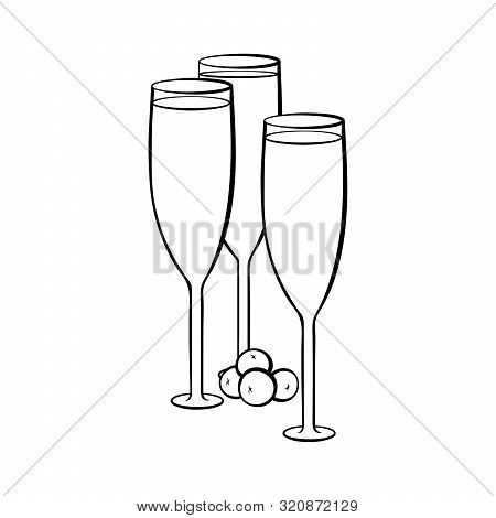 Full Champagne Glasses Hand Drawn Illustration. Crystal Wineglasses With Alcohol Beverage And Olives