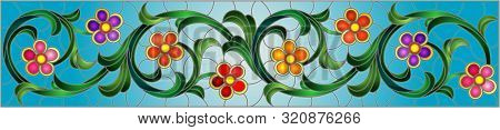 Illustration In Stained Glass Style With Abstract  Swirls,flowers And Leaves  On A Blue Background,h